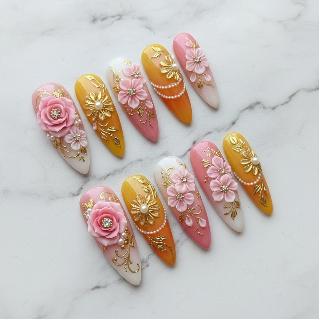 Full set 10 luxury 3D floral pearl rhinestone almond press-on nails pink gold ombre on marble custom press-on nails — LuxepressCo