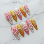 Full set 10 luxury 3D floral pearl rhinestone almond press-on nails pink gold ombre on marble custom press-on nails — LuxepressCo