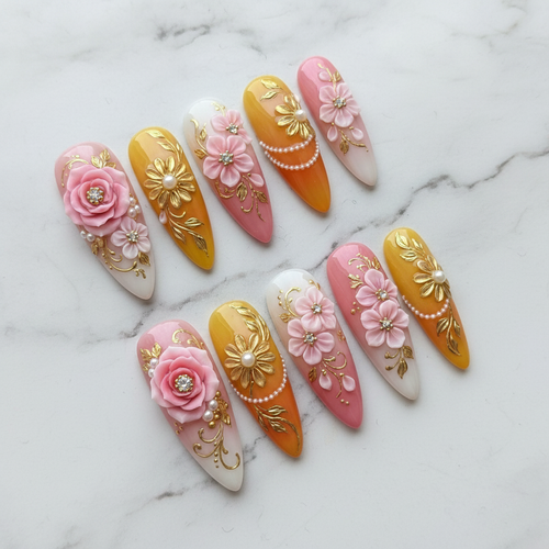Full set 10 luxury 3D floral pearl rhinestone almond press-on nails pink gold ombre on marble custom press-on nails — LuxepressCo