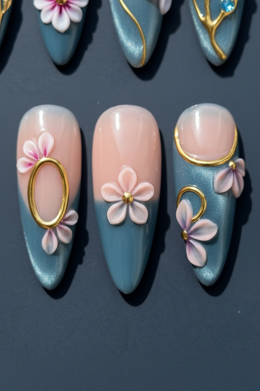 Macro close-up 3D white pink flower rhinestone custom press-on nails teal blue — LuxepressCo