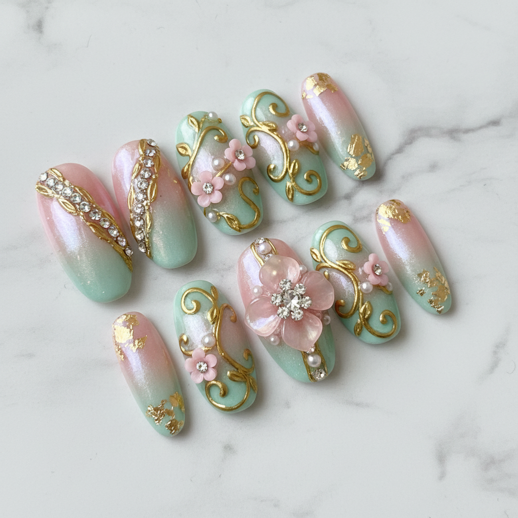 Full set 10 pink mint green ombre 3D floral custom press-on nails on marble background — LuxepressCo