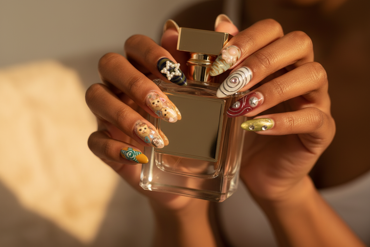 Dark-skin hands wearing kawaii cat pearl star custom press-on nails holding perfume — LuxepressCo
