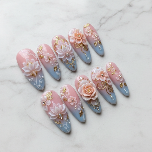 3D floral blush pink blue ombre custom press-on nails full set on marble — LuxepressCo