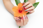 Fair-skin hands wearing maximalist chrome jelly custom press-on nails holding tropical flower — LuxepressCo