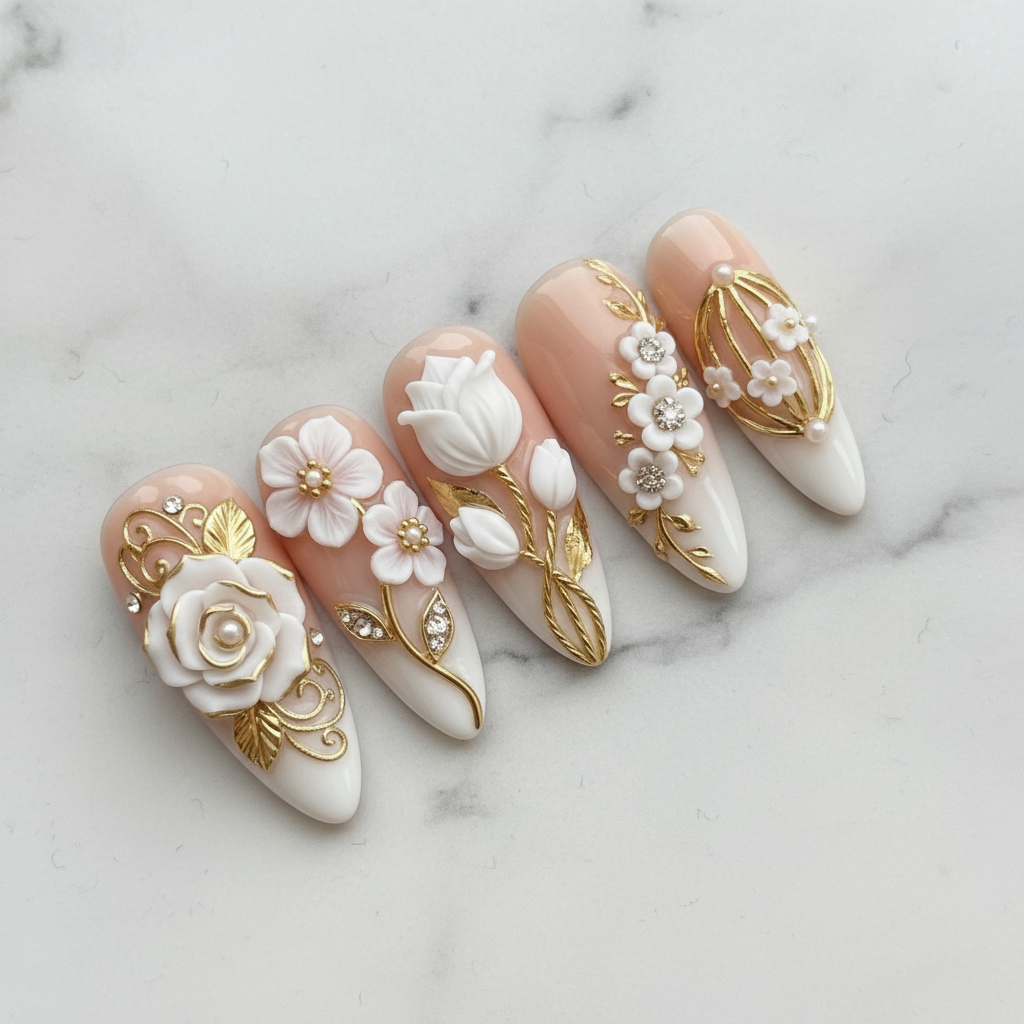 Full set 10 white 3D floral gold press-on nails on marble background custom press-on nails nude blush — LuxepressCo