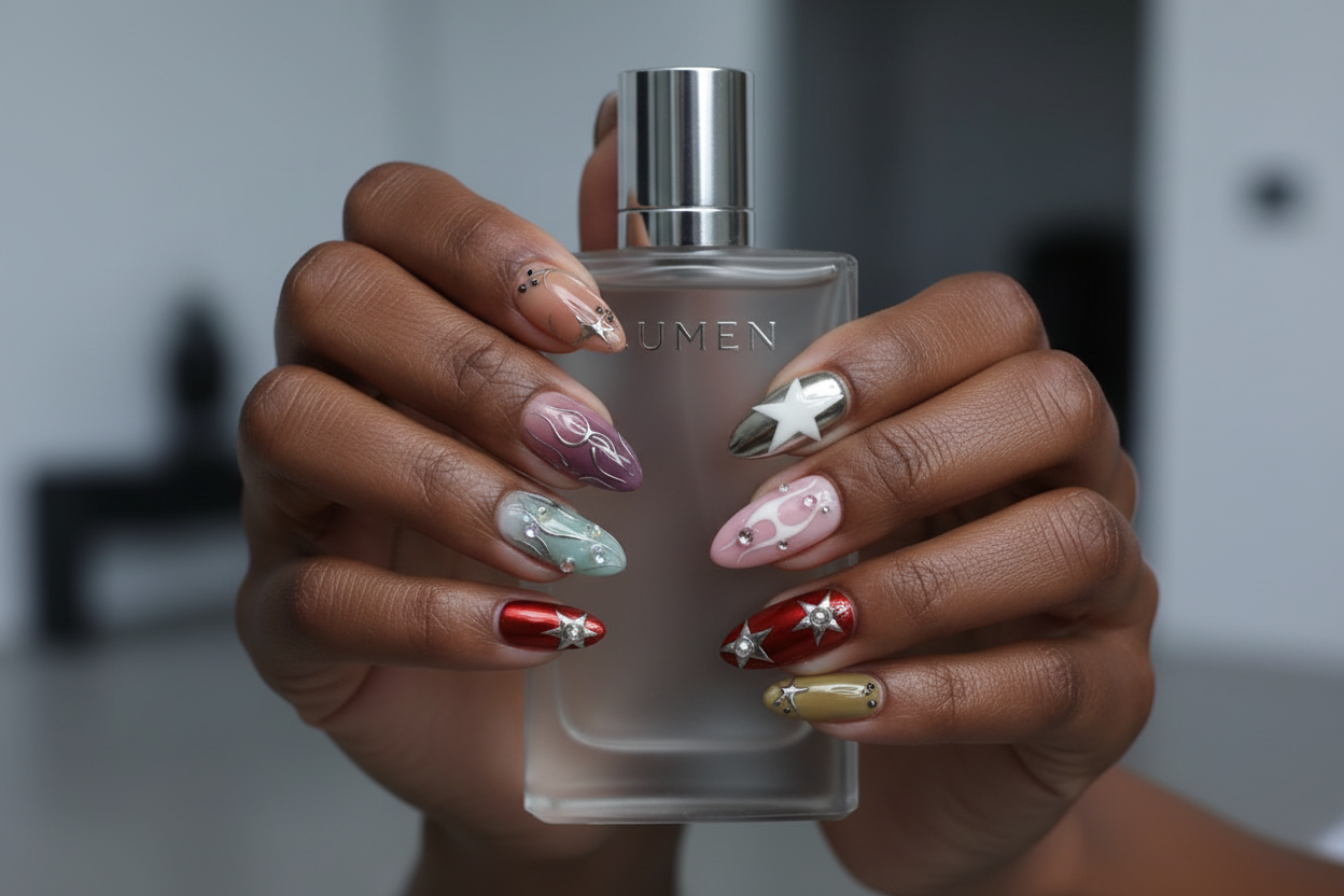 Dark-skin hands wearing chrome star silver flame Y2K almond custom press-on nails holding perfume — LuxepressCo