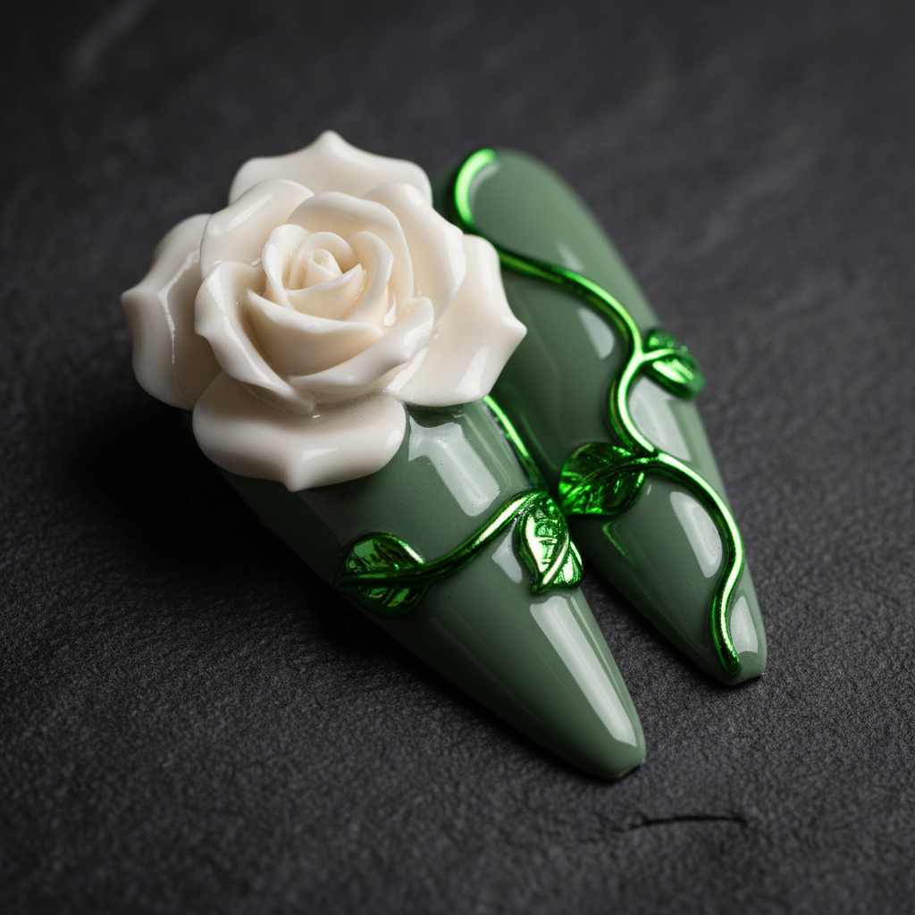Close-up 3D white rose and chrome vine leaf embellishment custom press-on nails sage green — LuxepressCo