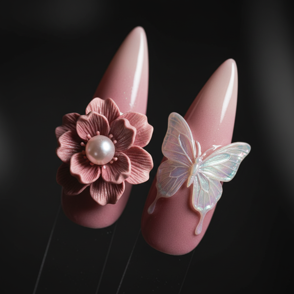 Close-up macro 3D pink flower pearl center white iridescent butterfly dusty rose custom press-on nails dramatic — LuxepressCo