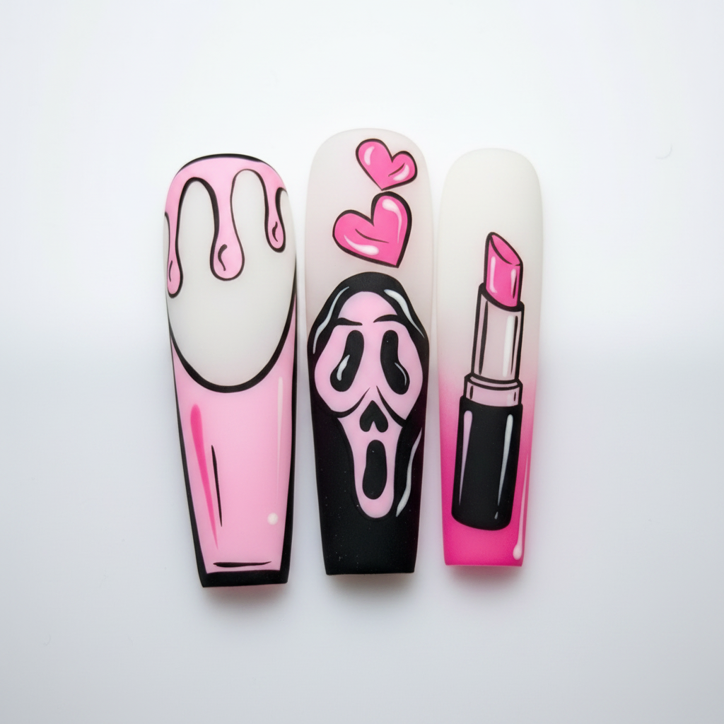 Macro close-up Scream ghost face black art pink heart hot pink ombre comic outline lipstick custom press-on nails — LuxepressCo