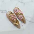 Macro close-up gold lattice 3D pink roses rhinestone custom press-on nails texture detail — LuxepressCo