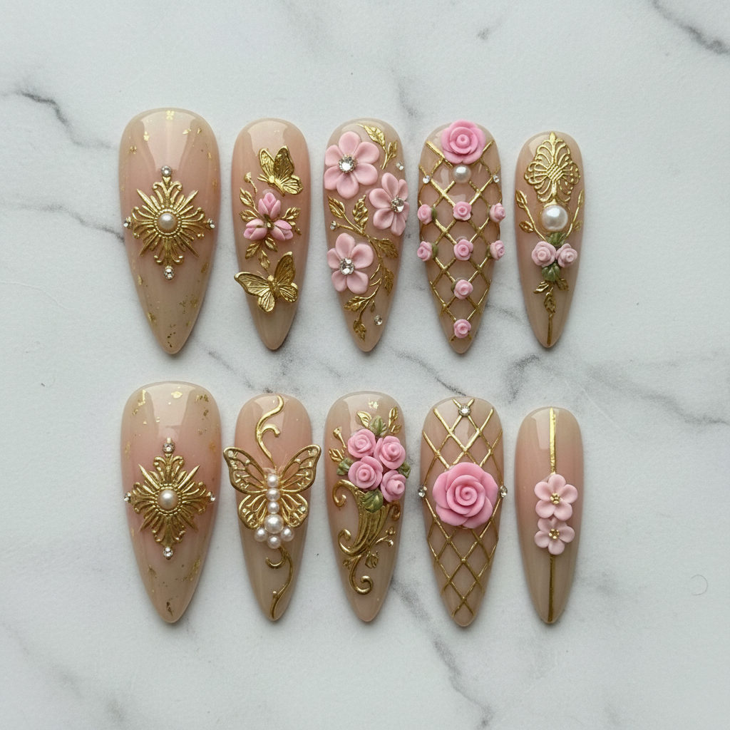 Flat lay top-down full set 10 rose garden baroque custom press-on nails nude pink gold white marble — LuxepressCo