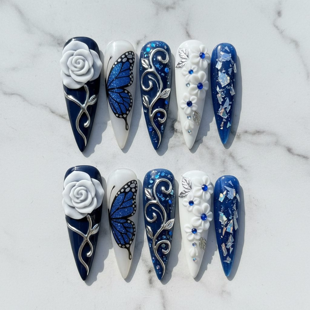 Flat lay top-down full set 10 navy blue 3D white rose butterfly holographic salon-quality nails white marble — LuxepressCo