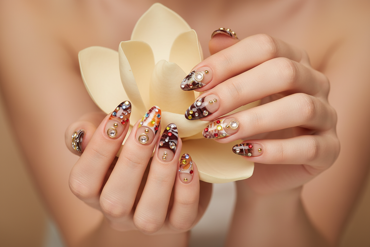 Fair-skin hands wearing nude tortoiseshell marble custom press-on nails holding cream-gold magnolia flower — LuxepressCo