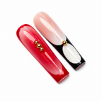 Macro close-up 3D cherry charm jelly pink red ombre petal swirl gold bead black french tip custom press-on nails — LuxepressCo
