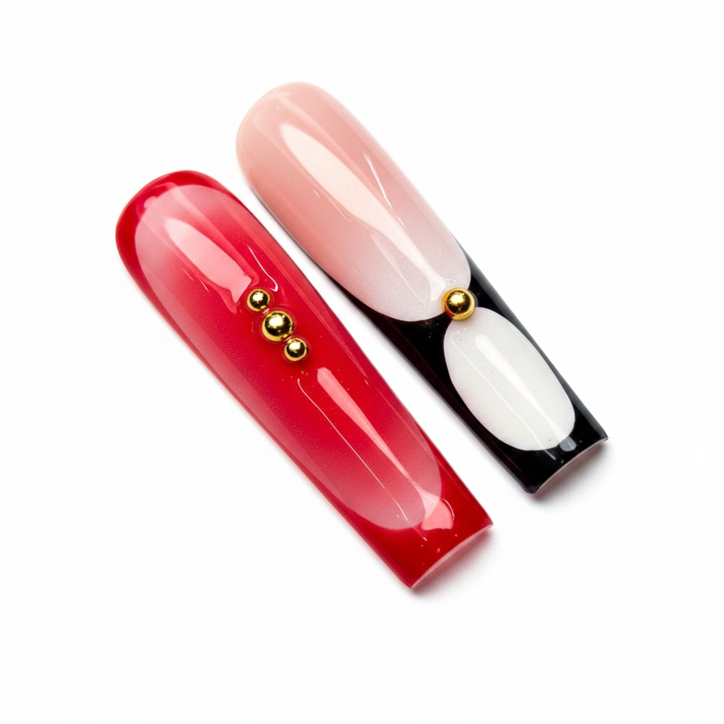 Macro close-up 3D cherry charm jelly pink red ombre petal swirl gold bead black french tip custom press-on nails — LuxepressCo