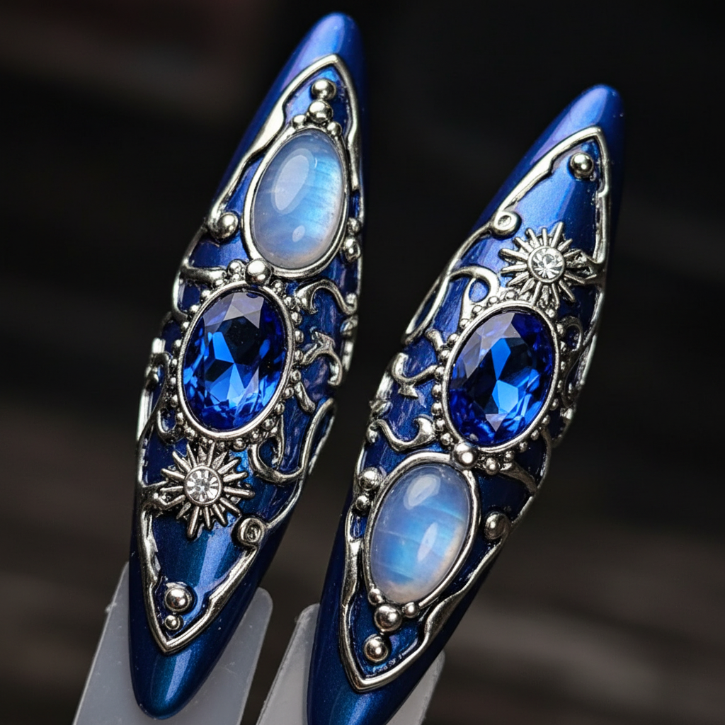 Macro close-up sapphire gemstone moonstone 3D gothic silver frame custom press-on nails — LuxepressCo