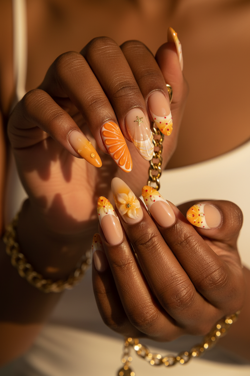 Dark skin hands wearing nude orange citrus 3D flower gold star custom press-on nails holding gold bracelet — LuxepressCo