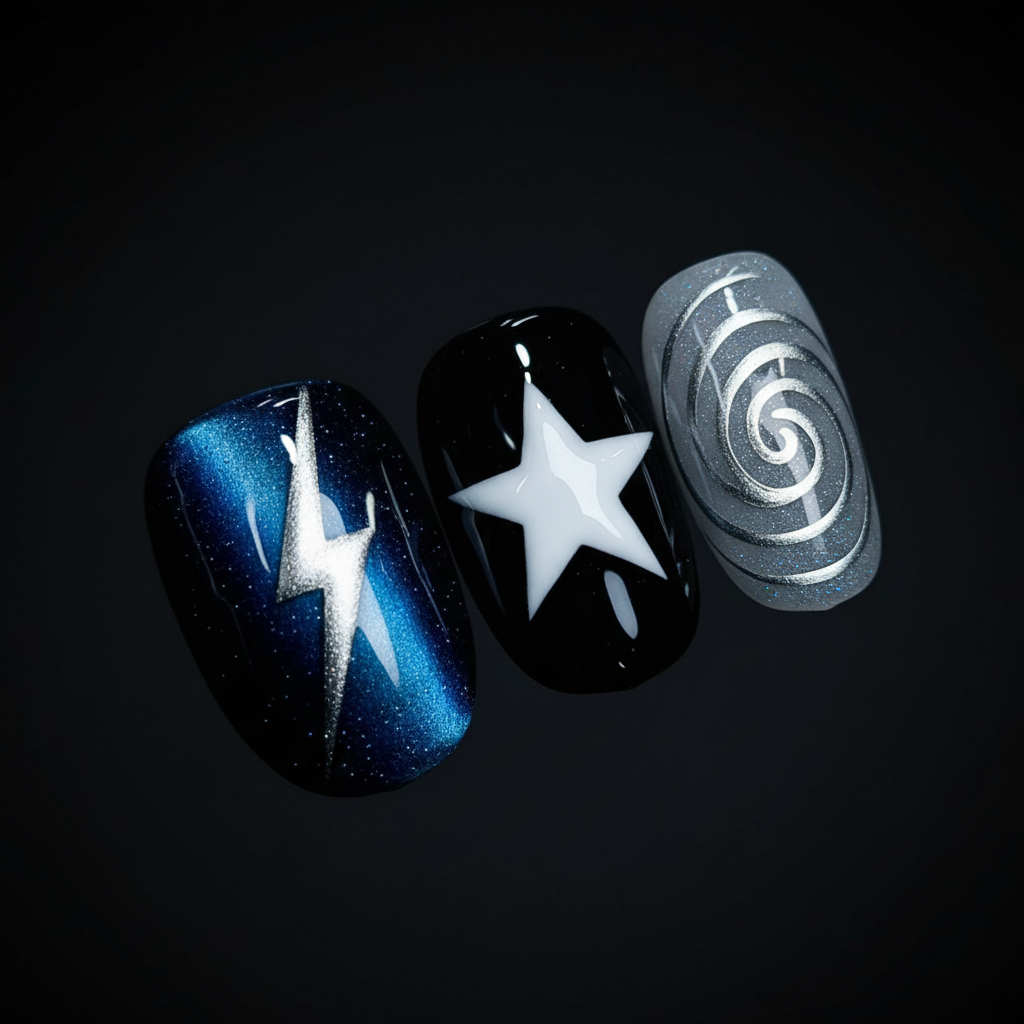 Macro close-up navy cat-eye silver chrome spiral star coquette bow reusable salon-quality press-on nails — LuxepressCo