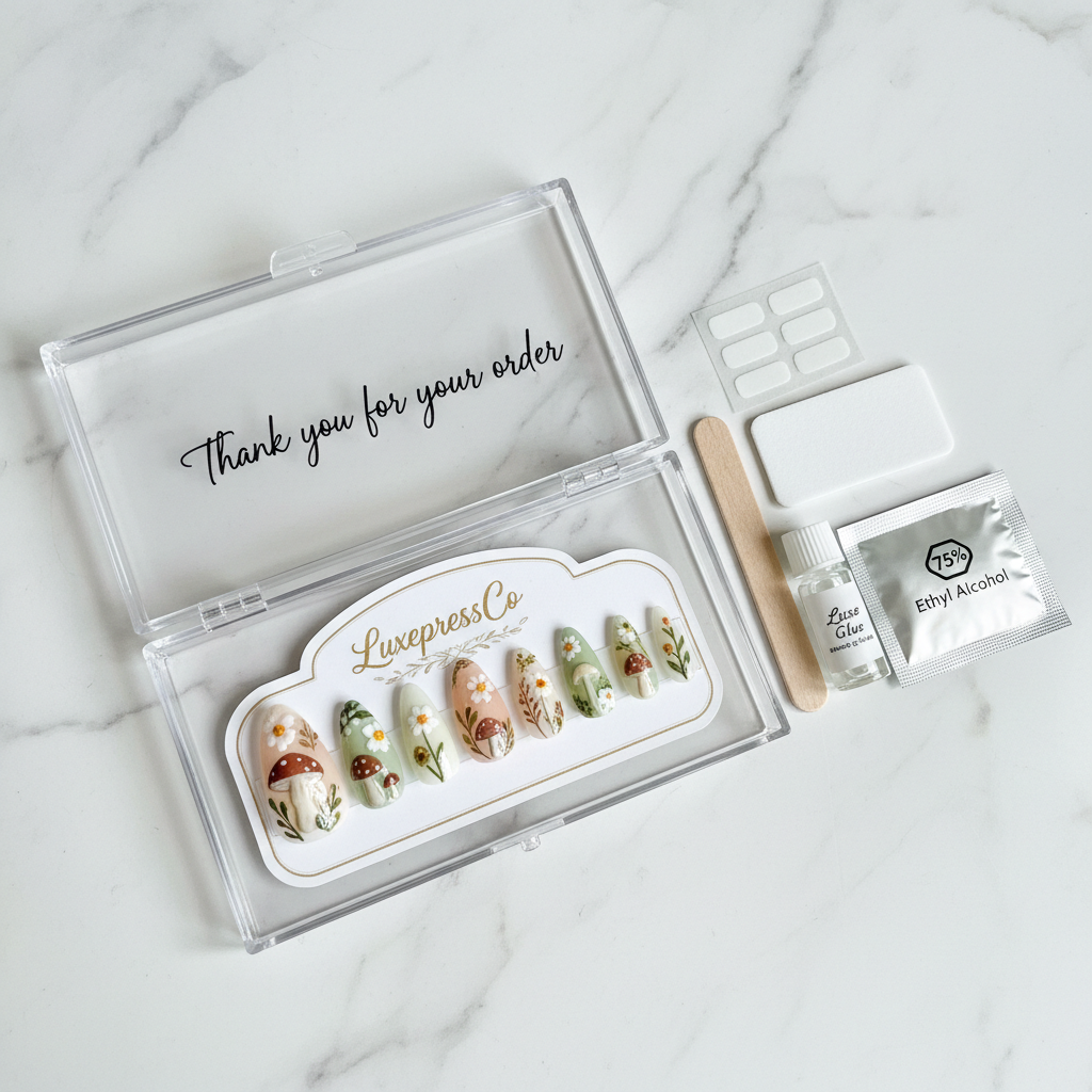 Luxury unboxing acrylic hinged box cottagecore mushroom frog press-on nails with accessories — LuxepressCo