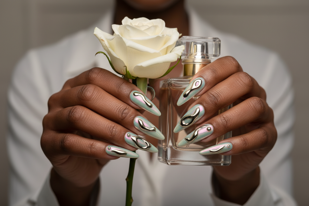 Deep skin tone hands wearing aurora chrome custom press-on nails holding perfume — LuxepressCo