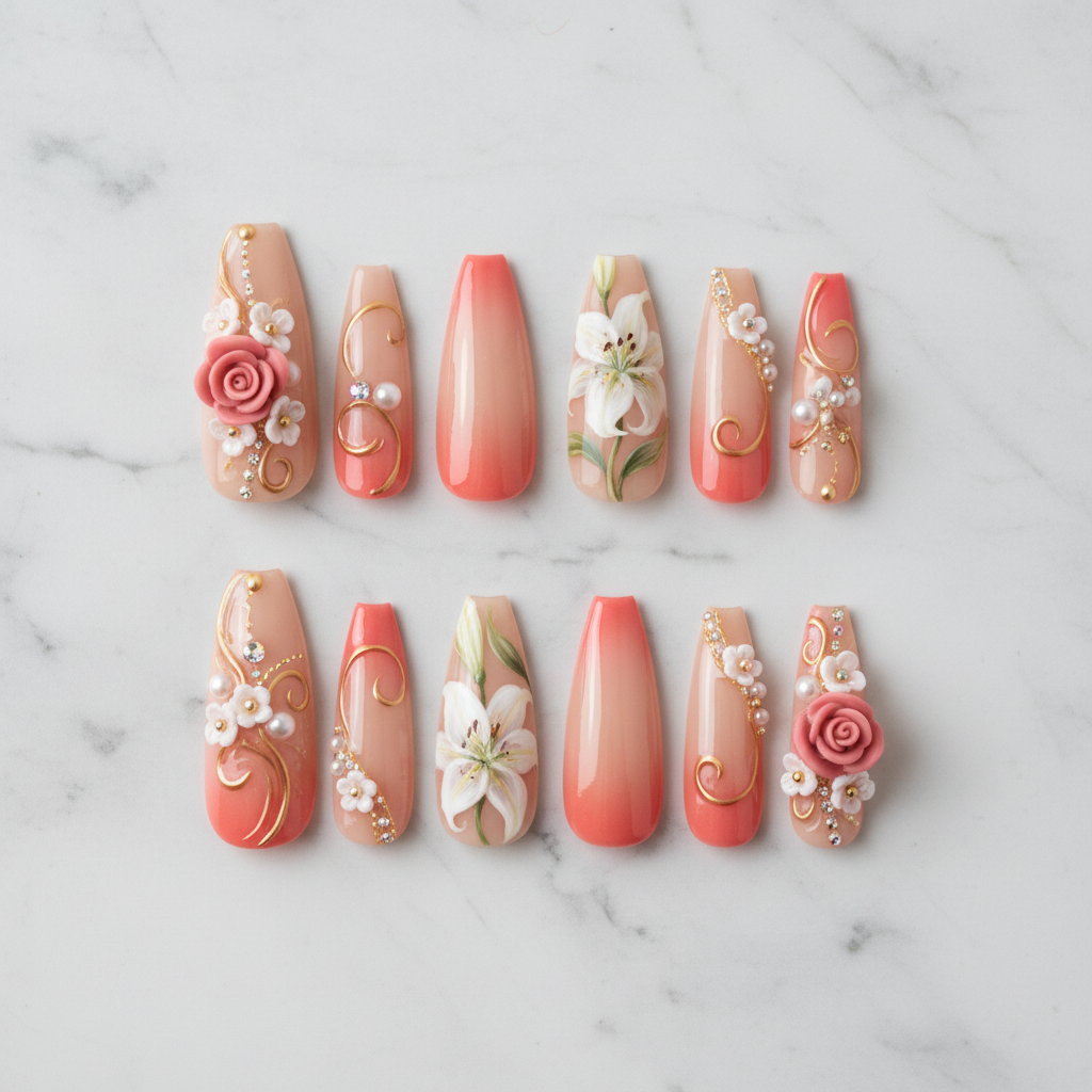 Flat lay top-down full set 10 3D floral press-on nails peach nude stiletto studio — LuxepressCo
