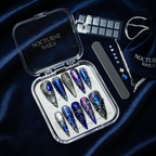 Luxury unboxing acrylic box royal blue chrome gothic wing sapphire reusable press-on nails — LuxepressCo
