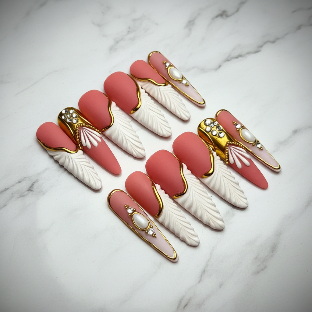 Terracotta coral gold frame 3D angel wing crystal rhinestone custom press-on nails almond full set on marble — LuxepressCo