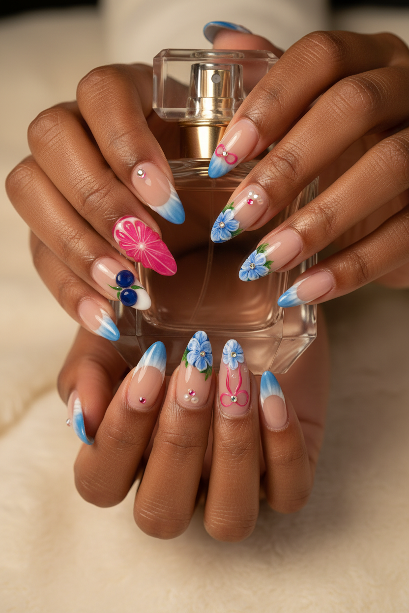 Dark skin hands wearing pink blue floral custom press-on nails holding perfume bottle — LuxepressCo