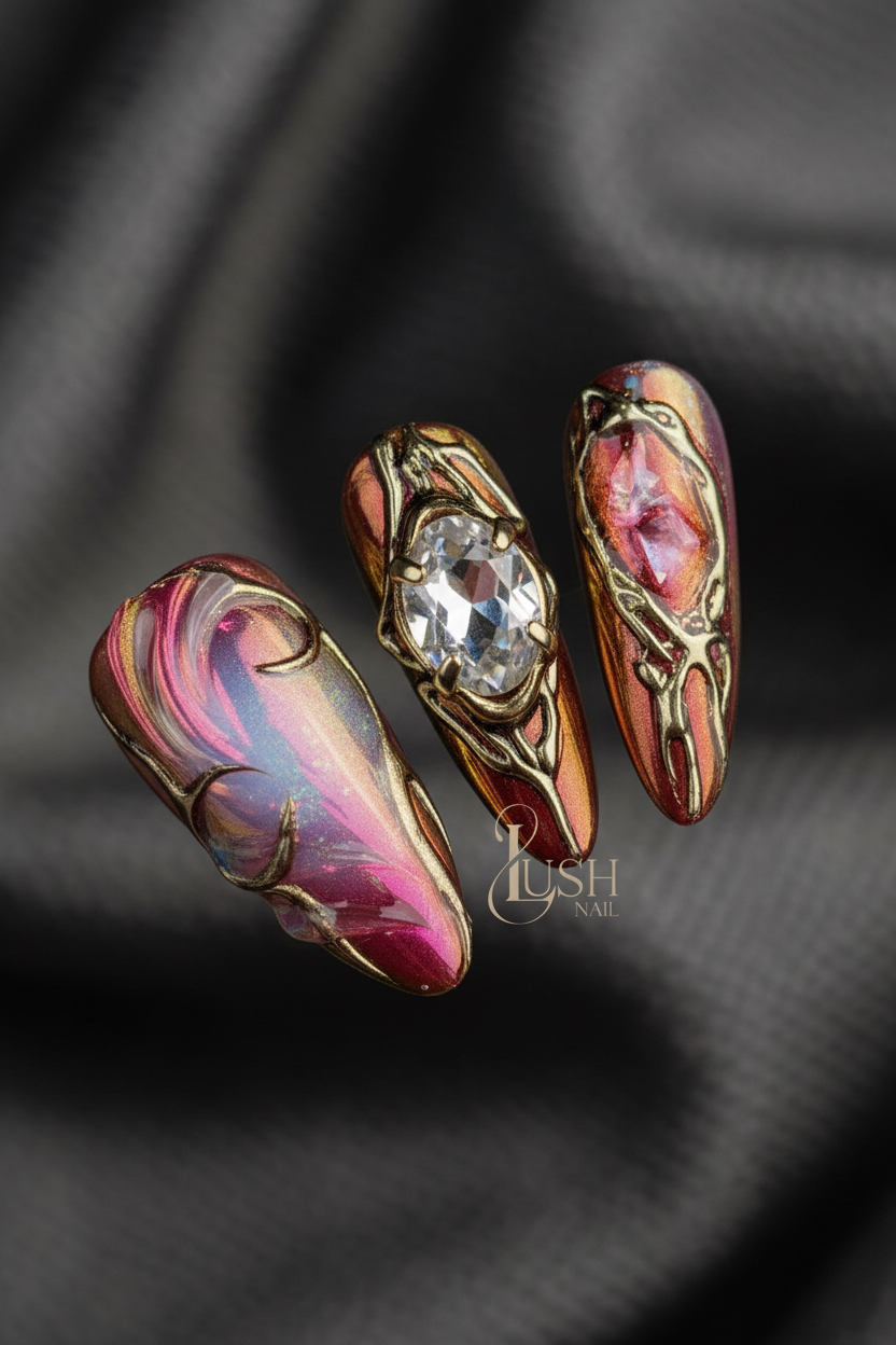 Macro close-up 3D gold filigree crystal chrome press-on nails dramatic lighting — LuxepressCo