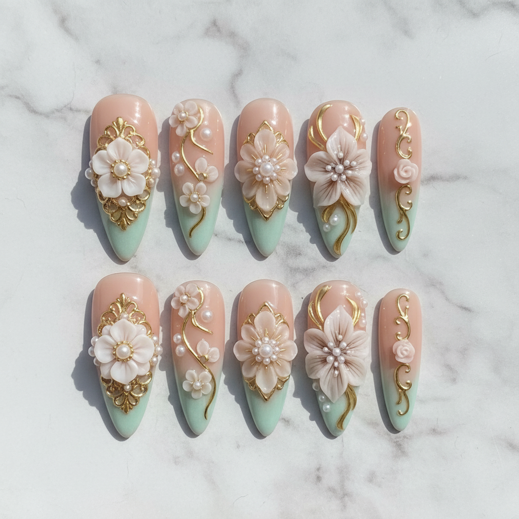 Flat lay top-down full set 10 3D floral gold filigree pearl custom press-on nails mint ombre — LuxepressCo