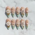 Flat lay top-down full set 10 3D floral gold filigree pearl custom press-on nails mint ombre — LuxepressCo