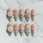 Flat lay top-down full set 10 3D floral gold filigree pearl custom press-on nails mint ombre — LuxepressCo