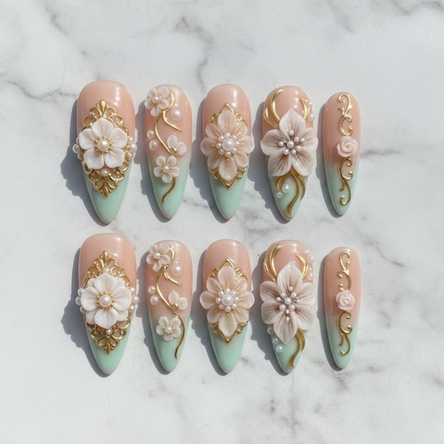Flat lay top-down full set 10 3D floral gold filigree pearl custom press-on nails mint ombre — LuxepressCo