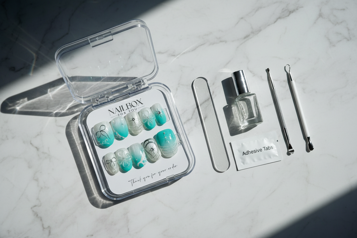 Luxury unboxing acrylic box teal floral press-on nails with accessories custom press-on nails — LuxepressCo