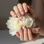 Light skin hands holding peony wearing leopard blossom 3D floral custom press-on nails burgundy almond — LuxepressCo