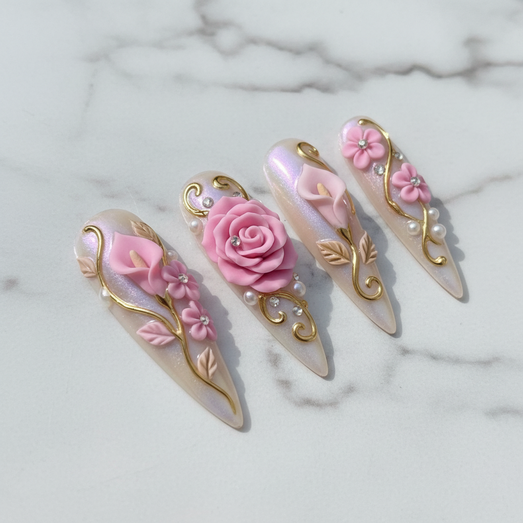 Close-up 3D pink rose cherry blossom gold vine stiletto custom press-on nails — LuxepressCo