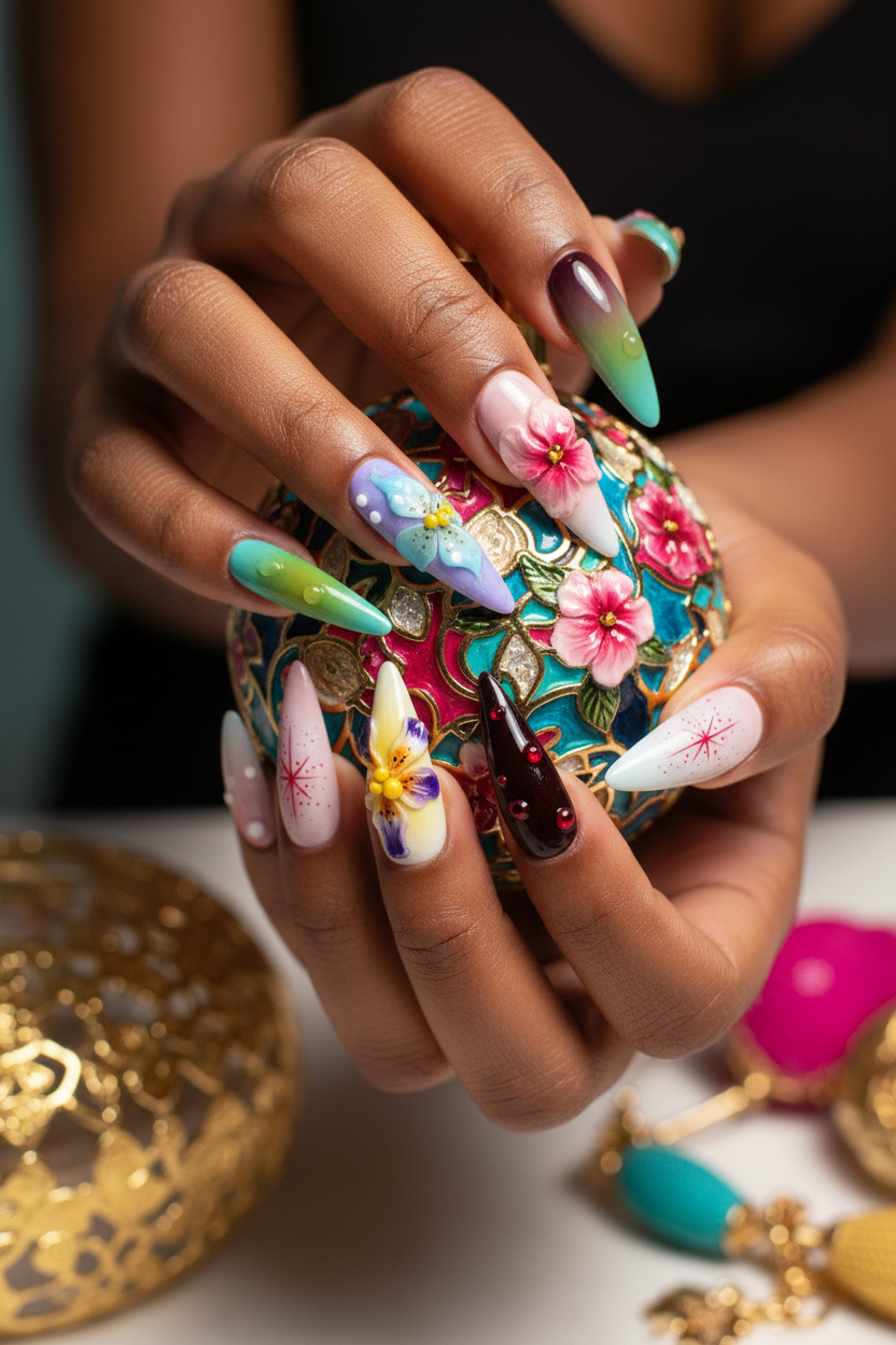Dark-skin hands holding colorful perfume wearing vivid multicolor 3D floral butterfly reusable press-on nails — LuxepressCo