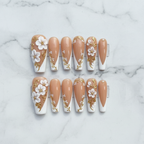 Flat lay top-down full set 10 salon-quality 3D floral gold vine press-on nails white marble — LuxepressCo