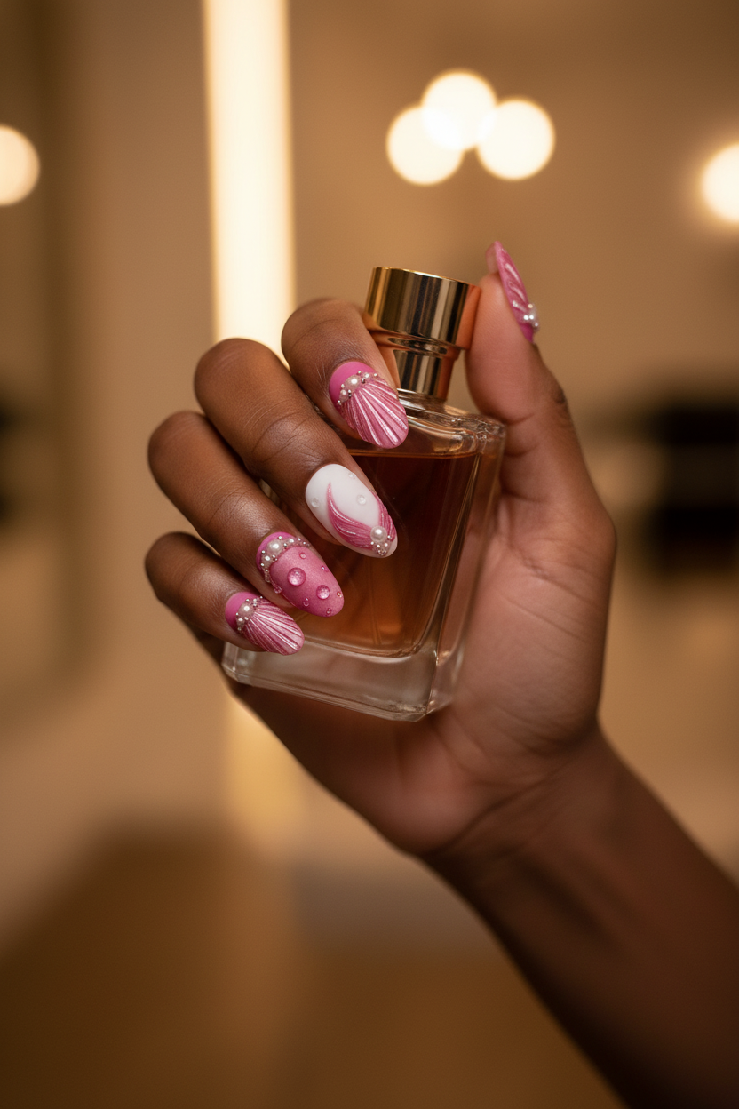 Dark-skinned hand wearing pink shell press-on nails holding perfume bottle