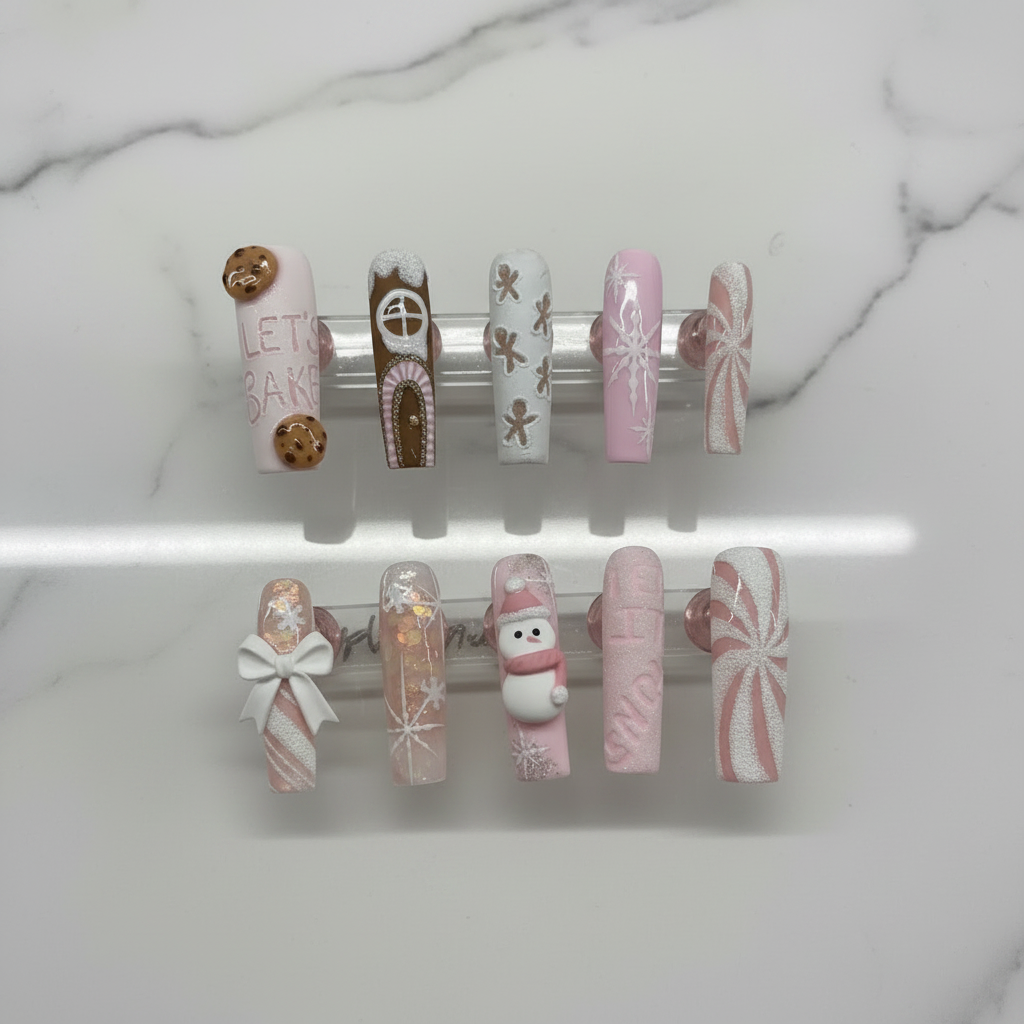 Christmas gingerbread snowman pink coffin custom press-on nails flat lay full set — LuxepressCo