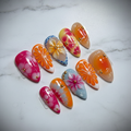 Full set 10 sunset bloom watercolor pink orange citrus 3D floral gold bead custom press-on nails on marble — LuxepressCo