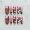 Flat lay top-down full set 10 pink leopard 3D floral gold chain rhinestone square press-on nails studio light — LuxepressCo