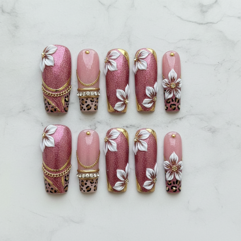 Flat lay top-down full set 10 pink leopard 3D floral gold chain rhinestone square press-on nails studio light — LuxepressCo