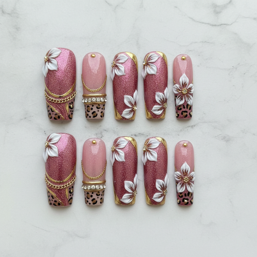 Flat lay top-down full set 10 pink leopard 3D floral gold chain rhinestone square press-on nails studio light — LuxepressCo