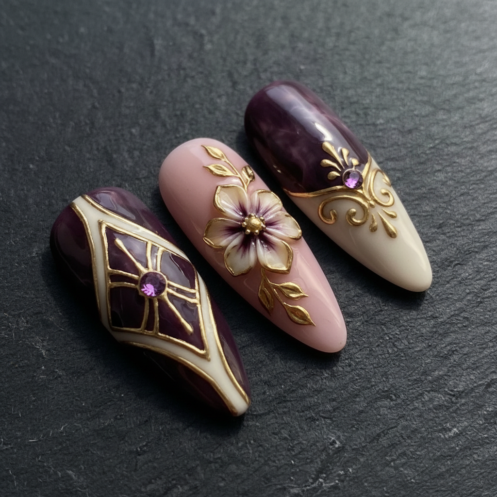Close-up macro purple marble gold baroque geometric rhinestone custom press-on nails dramatic lighting — LuxepressCo
