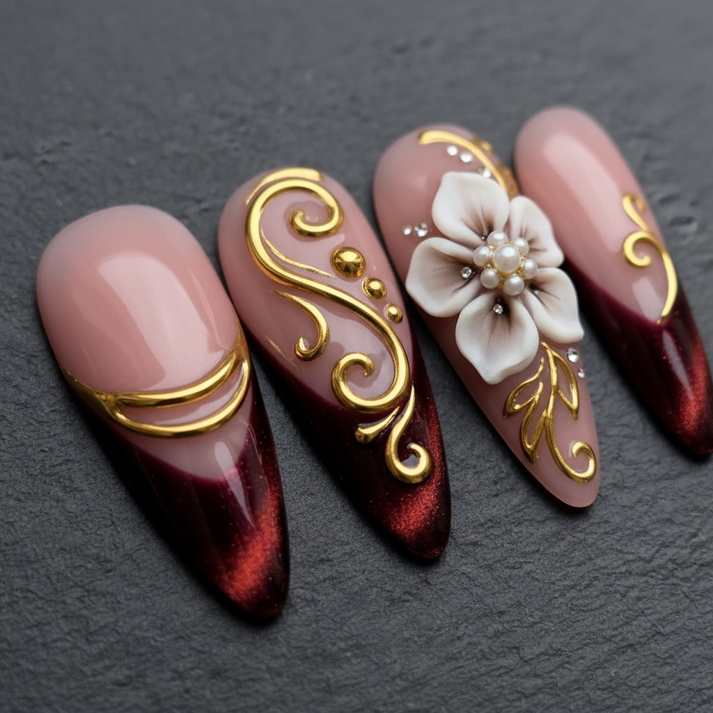 Close-up macro burgundy chrome gold filigree 3D pearl flower custom press-on nails dramatic lighting — LuxepressCo