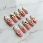 Full set 10 stiletto press-on nails white pink ombre gold filigree 3D flowers custom press-on nails — LuxepressCo