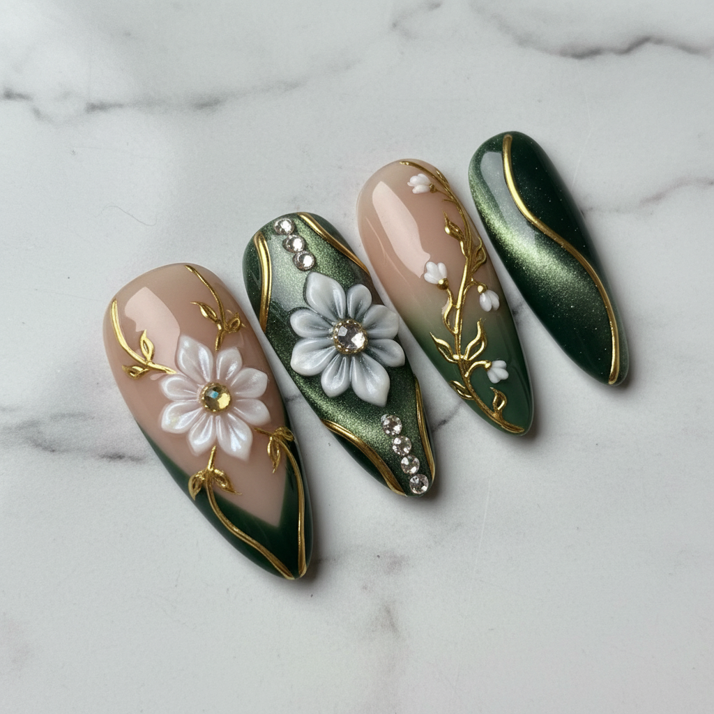 Close-up emerald cat-eye gold vine reusable nails glossy finish marble — LuxepressCo