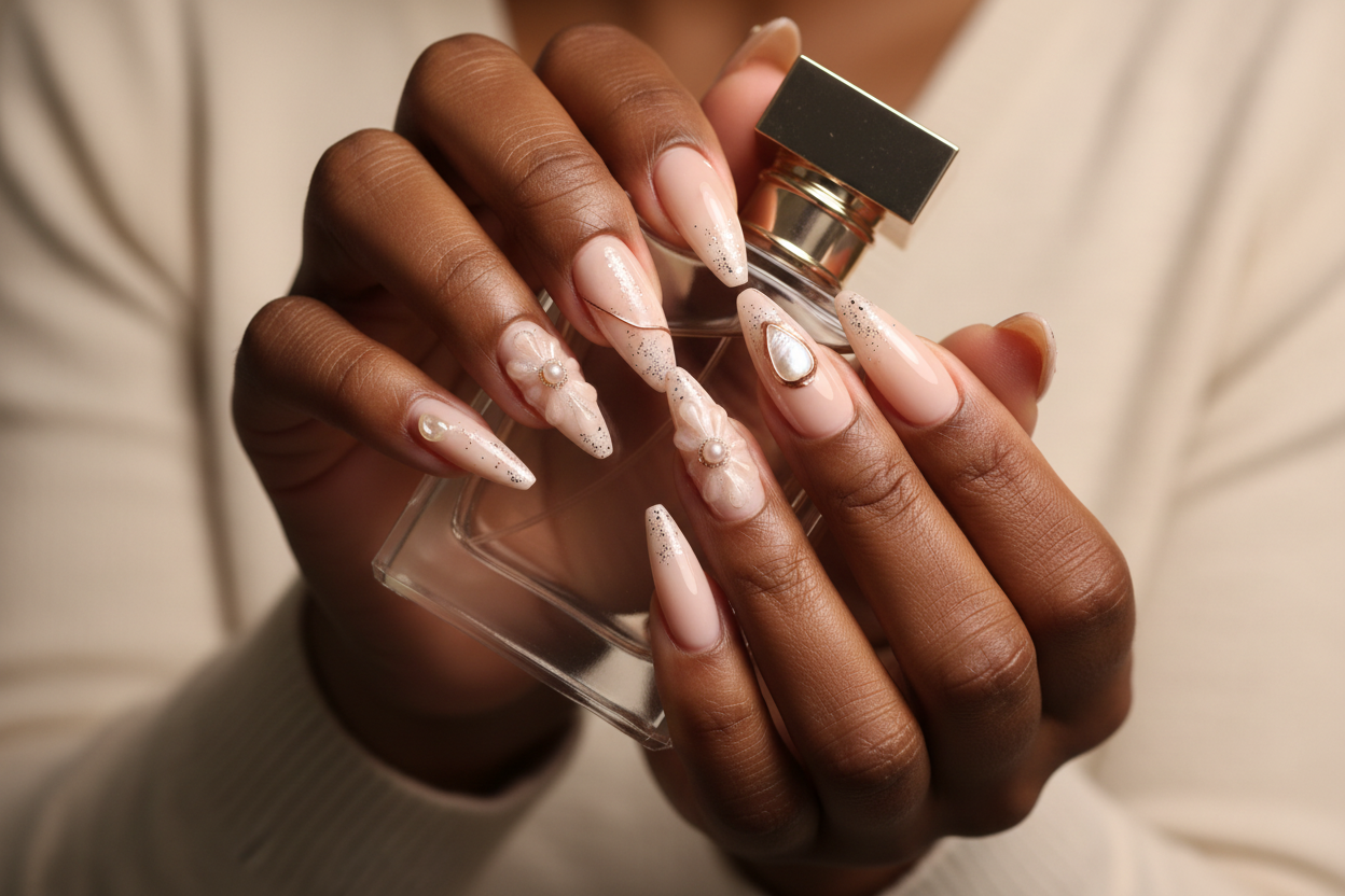 Dark-skin hands wearing nude rose gold shell reusable press-on nails holding champagne perfume bottle — LuxepressCo