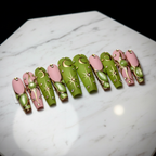 Olive green celestial moon star gold frame blush pink jade gem custom press-on nails coffin full set on marble — LuxepressCo